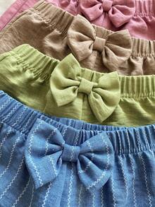 SHEIN Vintaside Kids 4件套女童休闲弹力腰蝴蝶结装饰直筒短裤，绿色/卡其色/粉色/蓝色，百搭时尚夏季短裤 - 彩色 - 查看 5