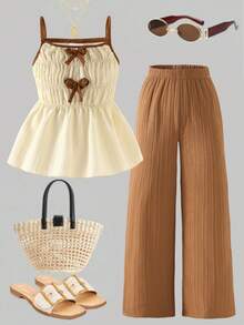 2件套女童休闲甜美可爱纹理泡泡褶皱面料吊带背心+宽松阔腿裤套装，适合日常、度假、外出、姐妹街拍、春夏穿着 - 杏色 - 查看 4