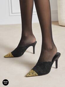 SHUZIA 宽楦女士浪漫时尚性感派对尖头蕾丝细高跟穆勒鞋 - 黑色 - 查看 2