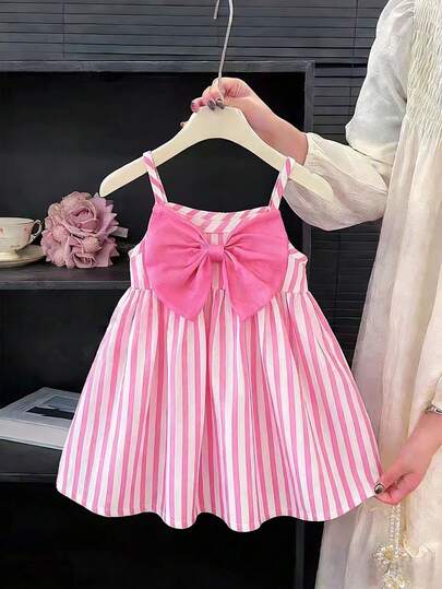 SHEIN Baby Girls' Fashionable Elegant Casual Minimalist Pink Striped Cami Dress, Comfortable Woven Fabric With 3D Bow Decor, Spring/Summer New Arrival, Suitable For Birthday Party, Daily Wear, Outdoor Travel And Cute Outfit