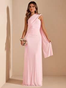 SHEIN BAE Women's Solid Pink Asymmetric Ruched Backless Chiffon Dress, Elegant Beach Holiday Dress, Spring/Summer - Pink - View 1