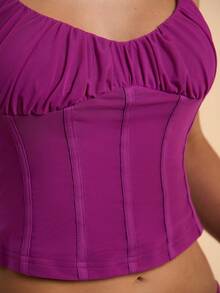 SHEIN BAE Women's Solid Fuchsia Tight Spaghetti Strap Mesh Camisole And Asymmetrical Skirt 2-Piece Set, Mesh 2-Piece Set, Summer Outfit, Spring/Summer - Hot Pink - View 6