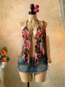 SaltGleam SaltGleam 女士性感露背吊带系带度假印花吊带衫 - 彩色 - 查看 3