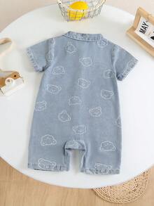 SHEIN Playful Pals 男婴可爱小熊格子短袖连体衣，夏季婴儿服装 - 藍色 - 查看 2