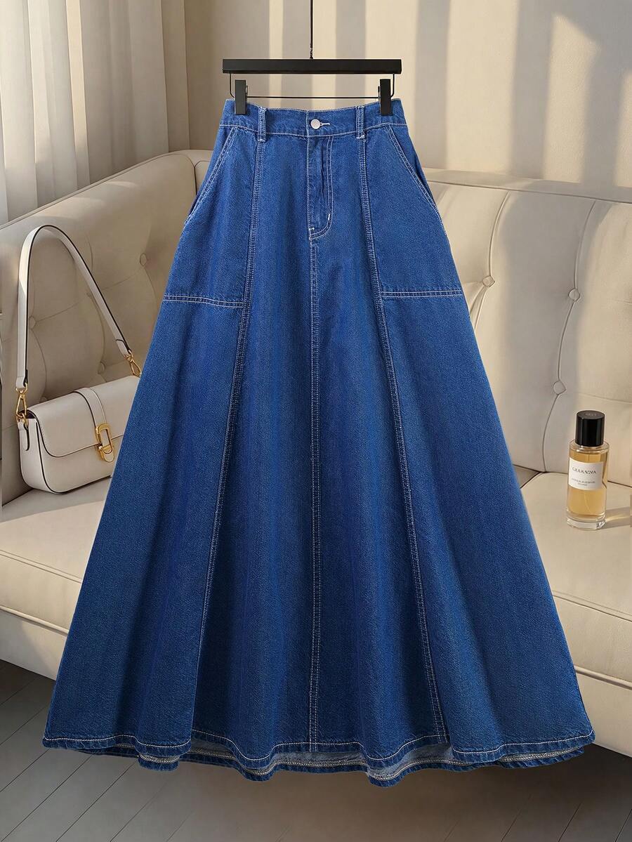 GlowEve 女士休闲日常百搭大口袋牛仔裙 - 藍色 - 查看 1