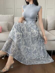 DAZY 女士优雅纯色翻领上衣和A字印花半裙两件套，夏季婚礼宾客礼服 - 藍色 - 查看 2