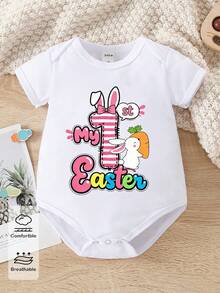 Mono informal de primavera y verano para niñas, con estampado de rayas, letras y diseño de conejo y zanahoria en color rosa, cómodo y apropiado para el ambiente festivo de Pascua - Blanco - Ver 3