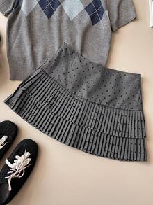 Muvela Spring/Summer New Black Polka Dot Print Grey Pleated Layered Hem A-Line Skirt, Retro Academic Chic Commuter Wear - Grey - View 5