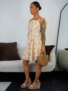 SAYEHFBABY New Ditsy Floral Shoulder Tie Cinched Waist A-Line Dress, Flattering Silhouette, Elegant Casual Vacation Dress - Yellow - View 4