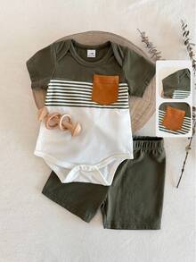 SHEIN Playful Pals Bộ đồ liền thân 2 món cho bé trai sơ sinh: áo liền quần tay ngắn màu nâu có túi và quần short cạp chun, mềm mại và thoải mái, phù hợp mặc ở nhà và ngoài trời, mùa xuân/hè, áo liền thân cho bé, quần short cho bé trai, quần áo sơ sinh, quần áo bé trai 0-9 tháng tuổi. - màu xanh lá - Xem 8