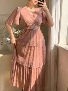 DAZY Đầm dài kiểu Pháp đính sequin, đầm dạ hội mùa hè. - Hồng - Xem 3