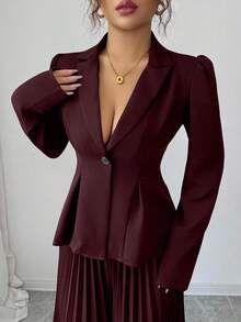 Elenzga Áo khoác blazer nữ màu đen thanh lịch có ve áo và nút trang trí viền vàng, tay bồng dài, thiết kế ôm sát + Quần ống rộng xếp ly màu đen thanh lịch dành cho nữ - Màu Đỏ Sâu - Xem 3