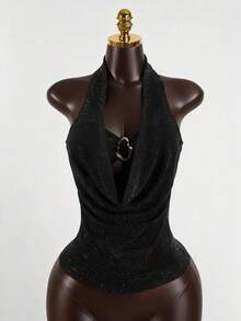 SaltGleam SaltGleam Women's Fashion Draped Neck Tank Top With Metal Buckle, Chic Ruched Cowl Neck Sleeveless Top, Versatile For Daily Wear, Party, Spring/Summer - Multicolor - View 7