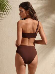 Swim Chiccia Bộ đồ bơi nữ màu trơn, chất liệu vải có họa tiết, thiết kế bất đối xứng vai, điểm nhấn kim loại, gợi cảm, thích hợp cho bãi biển và kỳ nghỉ. - màu nâu - Xem 2