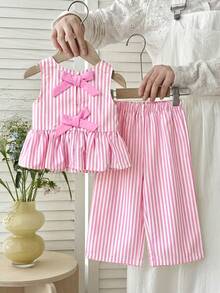 LMoss Kids 女婴条纹无袖上衣和打底裤两件套 - 粉色 - 查看 3