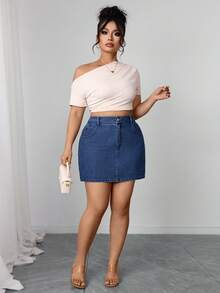 SHEIN Elenzya Minifalda de mezclilla sexy de cintura alta con bolsillos para mujer de talla grande - Azul - Ver 4