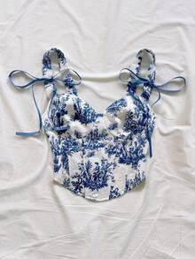 Soleia 女士度假植物图案前系带时尚吊带衫 - 紅白色 - 查看 5