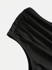 SHEIN 少女黑色针织不对称肩部褶皱腰部简约优雅休闲修身连衣裙，适合情人节穿着 - 黑色 - 查看 6