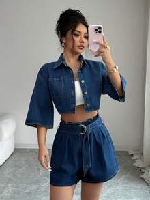 Elenzga 女士休闲水洗前扣短款牛仔衬衫 - 藍色 - 查看 3