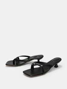 夏季新款软皮方头凉鞋、细跟一脚蹬人字拖、百搭细跟人字拖，女士 - 黑色 - 查看 3