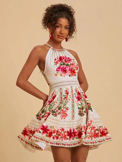 Travachic Women's Summer Vacation Floral Print Halter Backless Mini Dress, Spring Summer Outfits, Festival Dress, Elegant Party Dress, Beach Vacation Outfits, Wedding Guest Dress, Formal Graduation Outfits, Work Outfits For Women