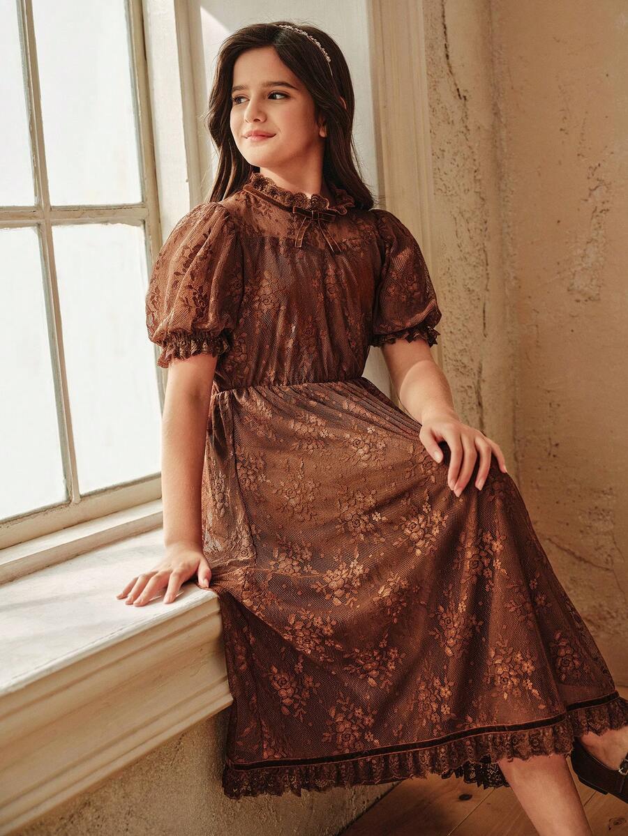 Anewsta 春夏新款蕾丝丝绒蝴蝶结荷叶边花瓣袖女童休闲连衣裙 - 巧克力棕 - 查看 1