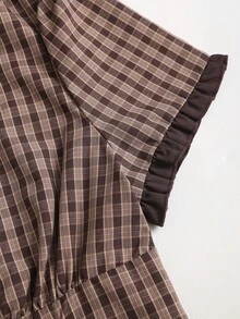 Sweetra Women's Plaid Short Petal Sleeve Single-Breasted Shirt, Spring/Summer - Coffee Brown - View 5