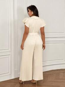 Femmeverse Plus Size Women's Elegant Elegant Office Commute Solid Color Flutter Sleeve Self-Tie Waist Wide Leg Jumpsuit, Suitable For Spring, Summer And Autumn - Apricot - View 2
