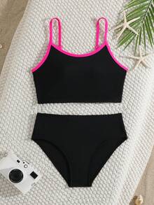 SHEIN Áo bikini hai dây hở lưng họa tiết hoa khoét lỗ cho bé gái tuổi teen, bộ bikini màu đen phối hoa hồng, bikini đen hồng phối nơ, bikini đen hồng phối nơ cho thiếu nữ, bikini cạp cao màu đen phối hoa hồng cho bé gái, bộ đồ bơi đen hồng phối hoa cho tuổi teen, bộ đồ bơi đen hồng phối nơ cho bé gái tuổi teen. - Nhiều màu - Xem 2