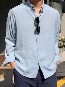 DAZY Men's Long Sleeve Solid Blue Shirt, Spring Summer - Blue - View 4