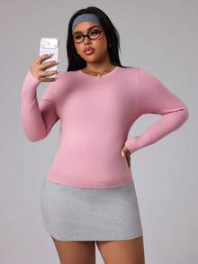 SHEIN Sports Plus Size Women Striped Textured Long Sleeve Activewear - Dusty Pink - View 1