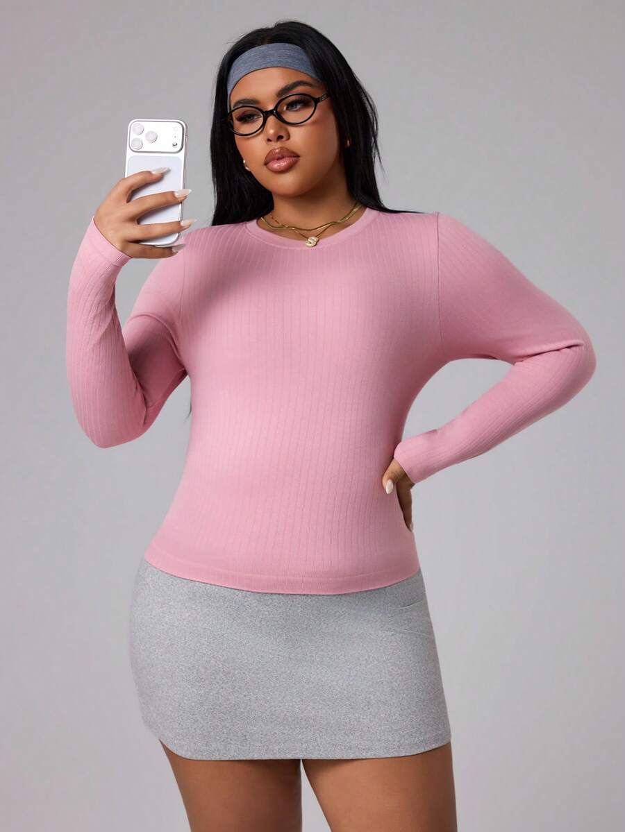 SHEIN Sports Plus Size Women Striped Textured Long Sleeve Activewear - Dusty Pink - View 1