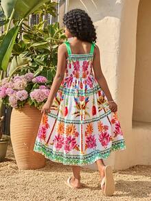 Sparklyn 女童休闲度假碎花蝴蝶结连衣裙，柔软时尚的设计，百搭的夏季穿搭，适合度假、旅行、校园和日常穿着。 - 彩色 - 查看 3