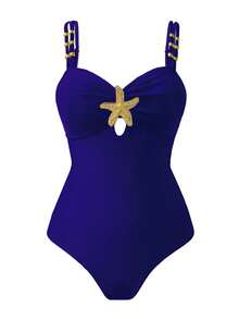 Swim Oasis 1件装女士可爱五角星装饰休闲度假连体泳衣女士分体泳衣Y2K泳衣女士泳衣女士泳衣收腹泳池套装 - 寶藍色 - 查看 3