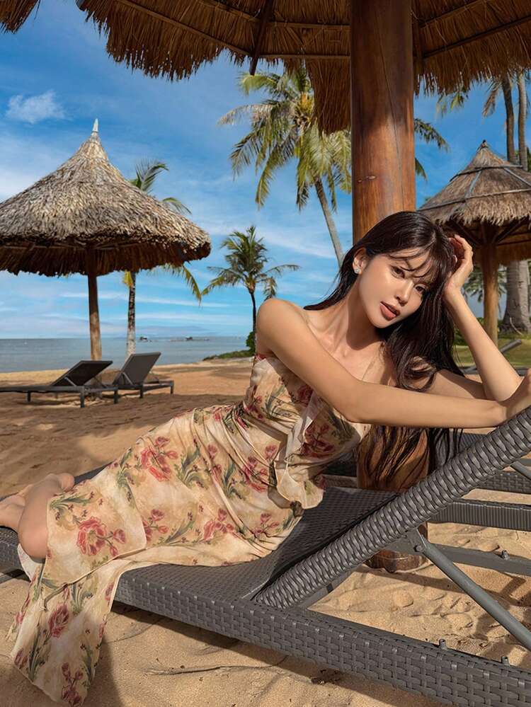 Women's Summer Beach Vacation Tie-Dye Floral Print Ruffle Hem Bodycon Maxi Slip Dress Boho
