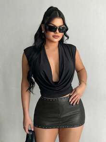 SHEIN SXY 女士时尚黑色露背性感垂褶领上衣，夏季 - 黑色 - 查看 6