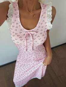 DAZY 甜樱桃印花系领撞色荷叶边无袖收腰女士睡裙 - 粉色 - 查看 3