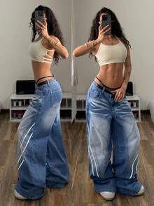 StreetHx Women's Punk Style Casual Street Fashion Versatile Loose Fit Denim Jeans - Medium Wash - View 1