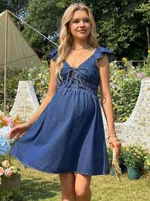 SHEIN Fashionable Casual Maternity Denim Dress With Puff Sleeves And Shirred Waist - Navy Blue - View 4