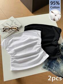 Tseoso 2pcs/Set Women's 95% Cotton Solid Color Simple Comfortable Ruched Camisole Tops - Multicolor - View 1