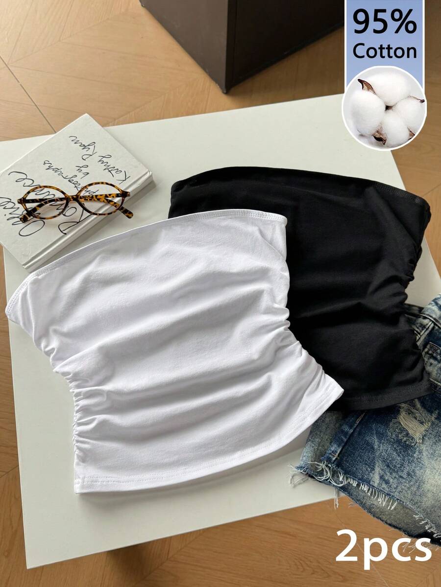 Tseoso 2pcs/Set Women's 95% Cotton Solid Color Simple Comfortable Ruched Camisole Tops - Multicolor - View 1