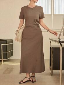 Dazy-Less 女士商务/休闲修身长裙，舒适中长款，春夏连衣裙 - 棕色 - 查看 8