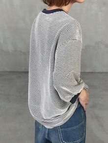 FRIFUL Áo thun tay phồng kẻ sọc dáng casual dành cho nữ, thích hợp cho mùa xuân/thu. - Xám - Xem 3