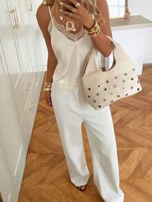 SHEIN EZwear 女士优雅纯色蕾丝拼接吊带背心，夏季必备 - 米色 - 查看 4