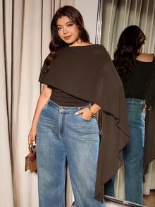 Elaquor 大码女式纯色斗篷式连体衣 - 咖啡棕 - 查看 3