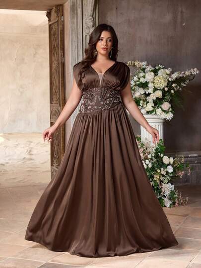 Aureia Plus Size Elegant Luxurious Brown Beaded Embroidered Patchwork Elastic Satin V-Neck Ruched Short Sleeve Asymmetric Waist Fitted A-Line Hem Dress, Suitable For Evening Party, Date, Wedding, Formal Occasion (Intricate Design)