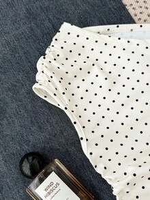 SHEIN Tween Girls Knit Casual Minimalist Polka Dot Print Asymmetric Ruched Cropped Top, Suitable For Spring/Summer, Casual, Personalized Styling, Daily Wear - Apricot - View 3