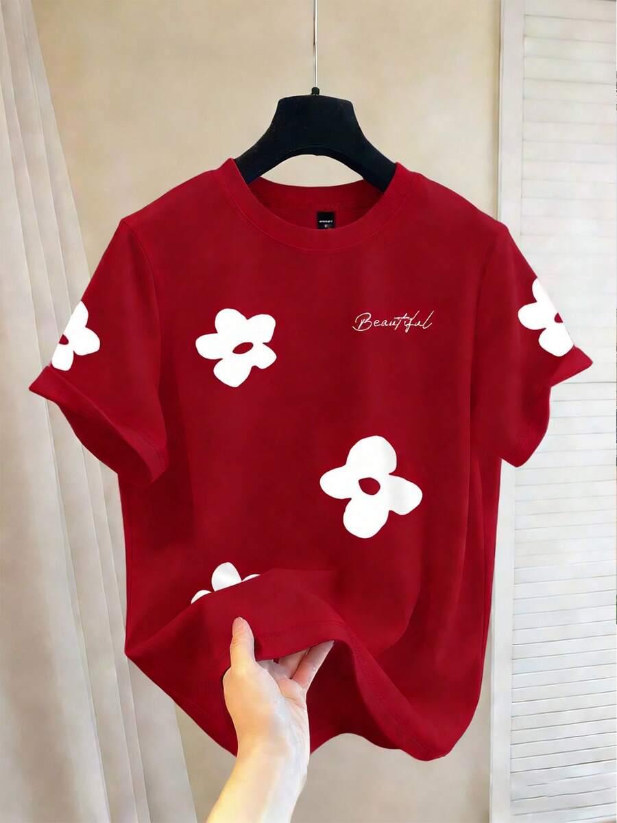 Chillumni 男士休闲花卉字母印花 T 恤，夏季 - 紅色 - 查看 1