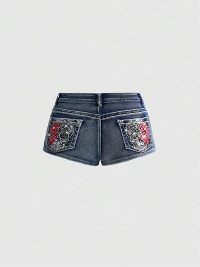 ROMWE Grunge Punk Vintage Y2K Punk Style Super Low Waist Sexy Skull Embroidery Rivet Decor Denim Shorts