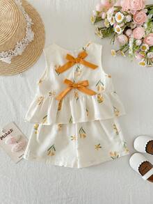女宝宝可爱度假风花卉图案蝴蝶结装饰吊带背心和松紧腰裤套装 - 黃色 - 查看 3